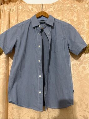 Nautica Blue Micro-Check Short Sleeve Button-Down Shirt BOY M